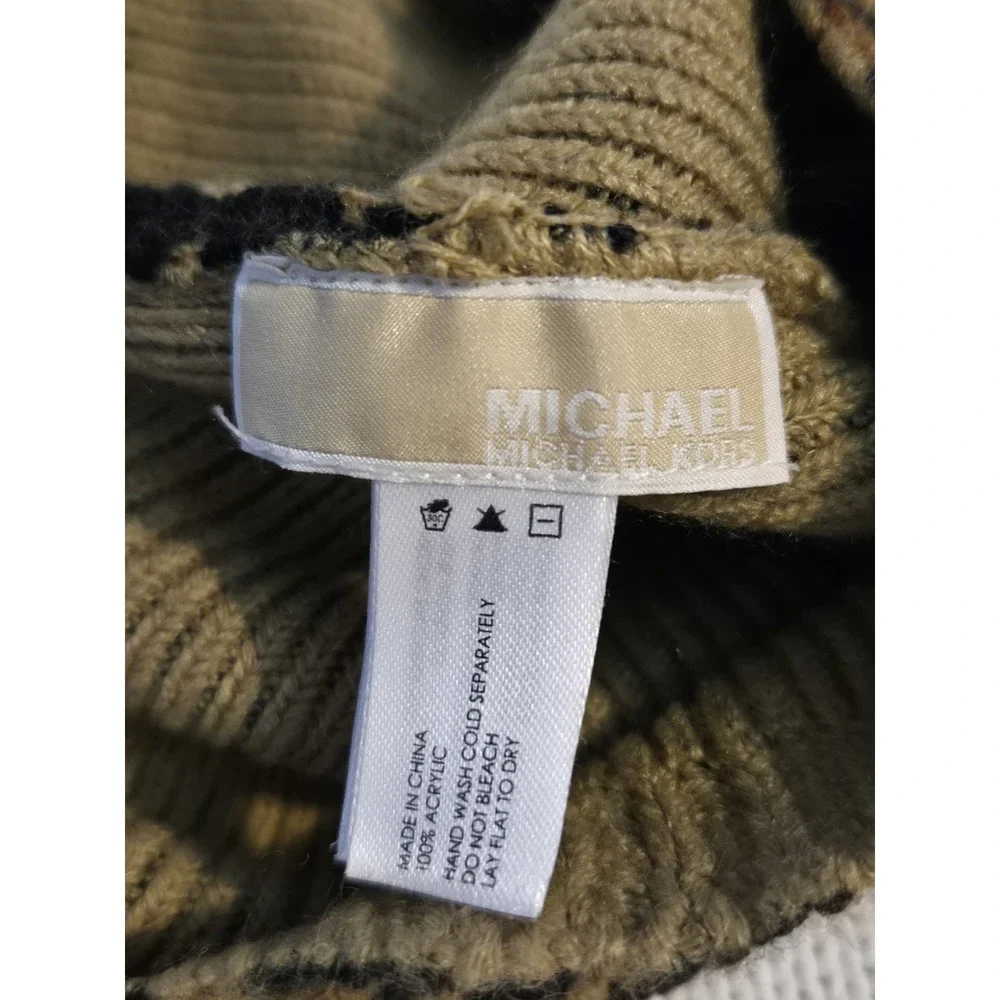 Michael Kors Leopard Print Knit Beanie‎ Hat Brown Black Acrylic Women's OSFA